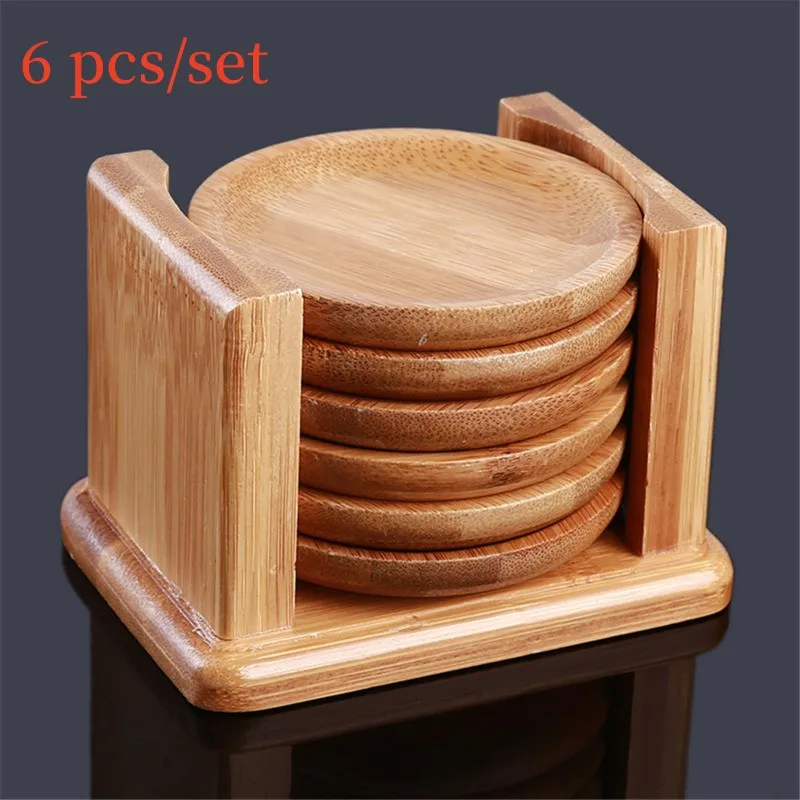 Marble Coaster Set - 둥근 모양 대나무 컵 받침, 유리