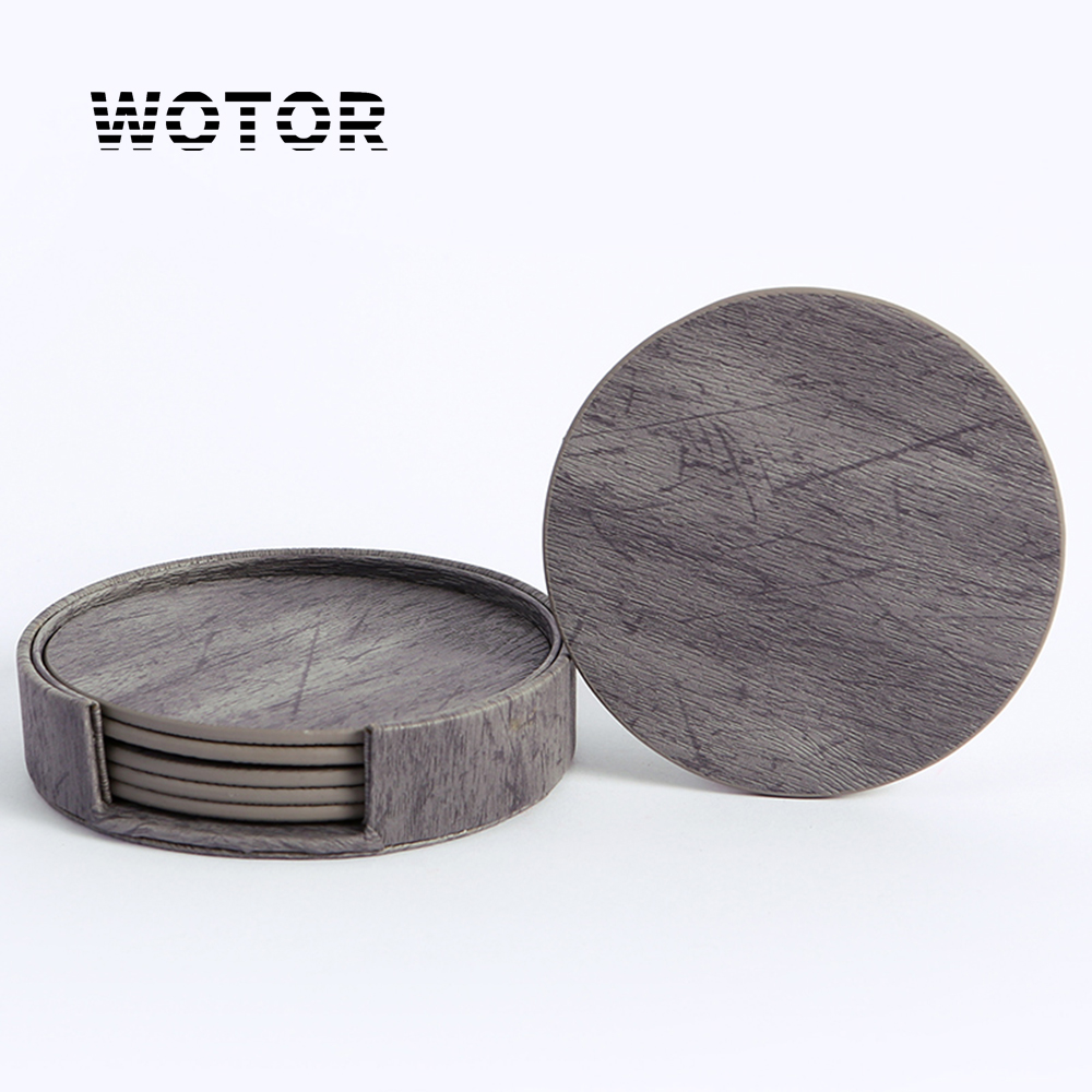 Marble Coaster Set - WOTOR 6 개/몫 원형 나뭇결 가죽