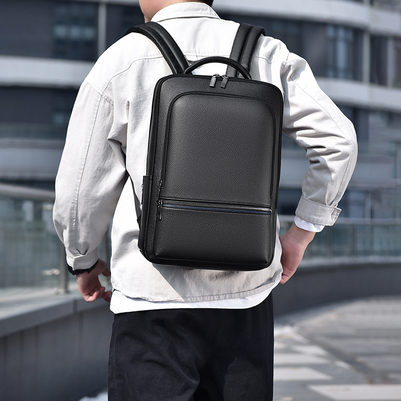 Leather Briefcase - 남성용 PU 가죽 배낭, USB 충전,